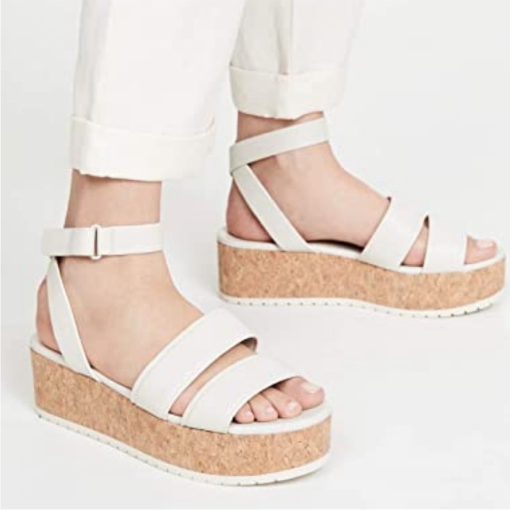 Vince Jet White Leather Cork Platform Valcro Ankle  Straps Size 5.5‎
